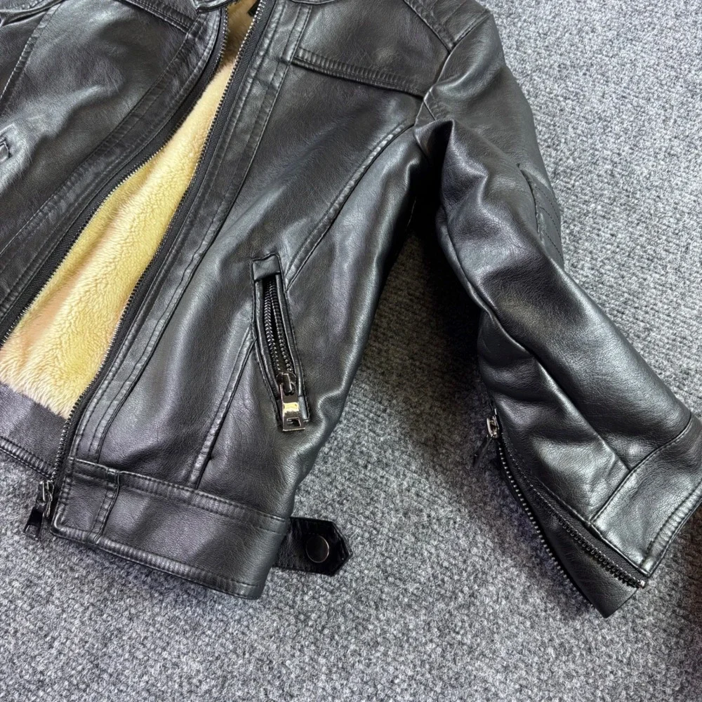 LJYH Moto Jacket Kids 3-4Y Black Faux Leather Fur Lined Biker Zip Quilted Sleeve